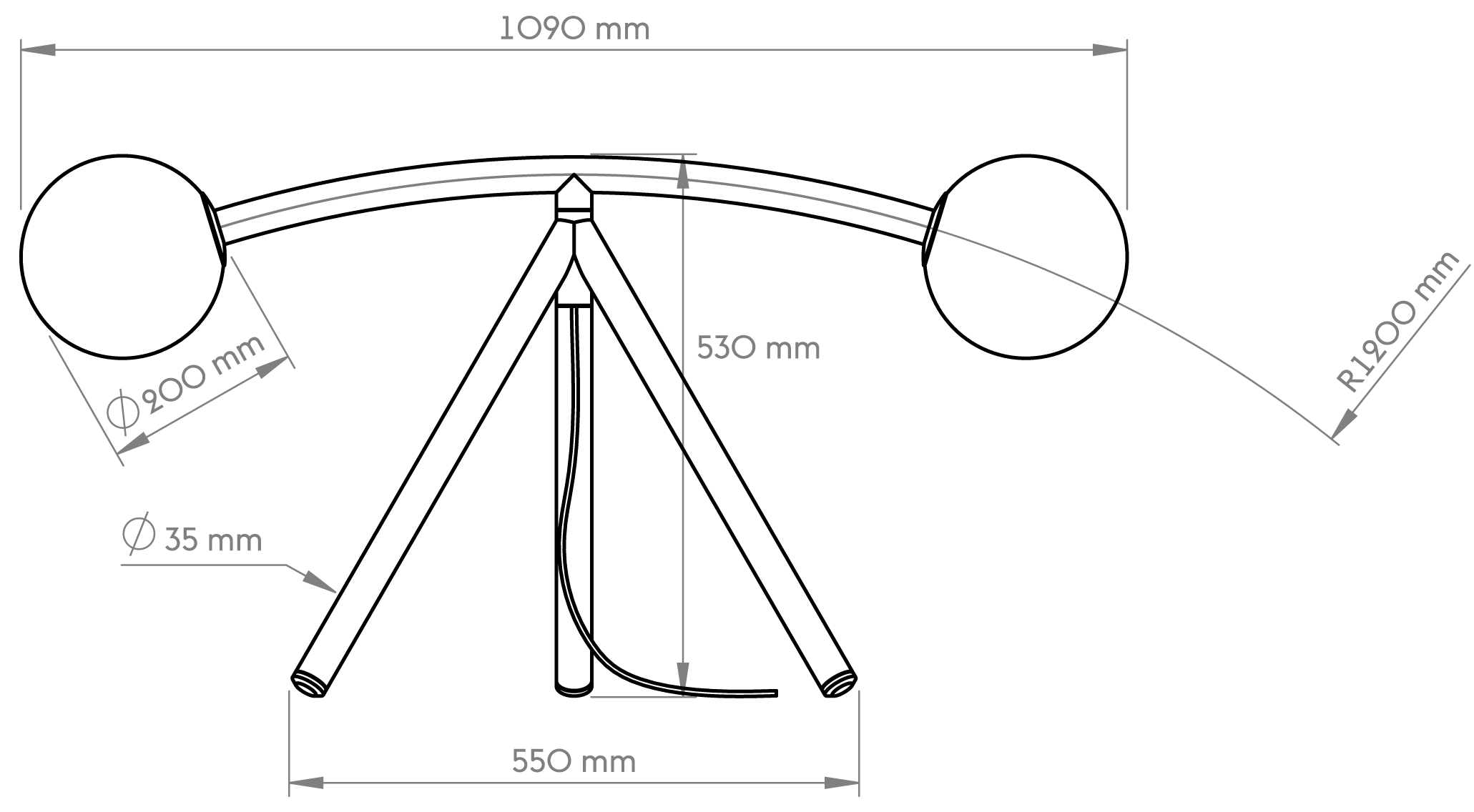 Dimensions de la lampe Rune : envergure 1090 mm, hauteur 530 mm, écartement des pieds 550 mm, globes de 200 mm de diamètre, tubes de 35 mm de diamètre, arc de rayon 1200 mm